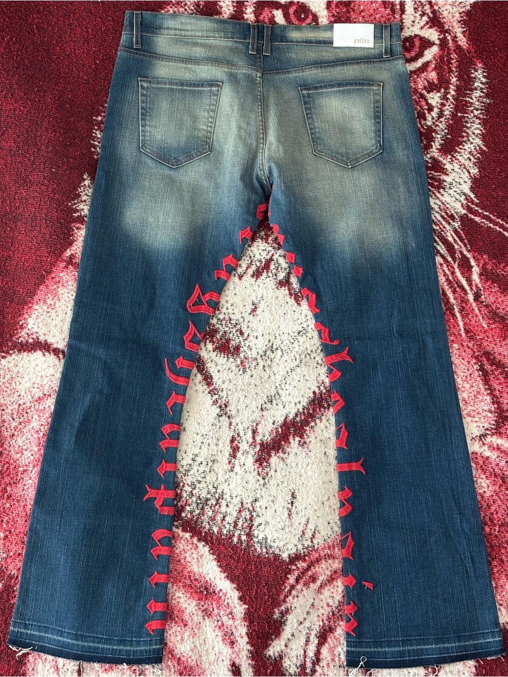 Los Angeles Golden Denim GOLDEN VENUS Flare Distressed Red Letters Jeans Sz: 42 - Picture 9 of 12